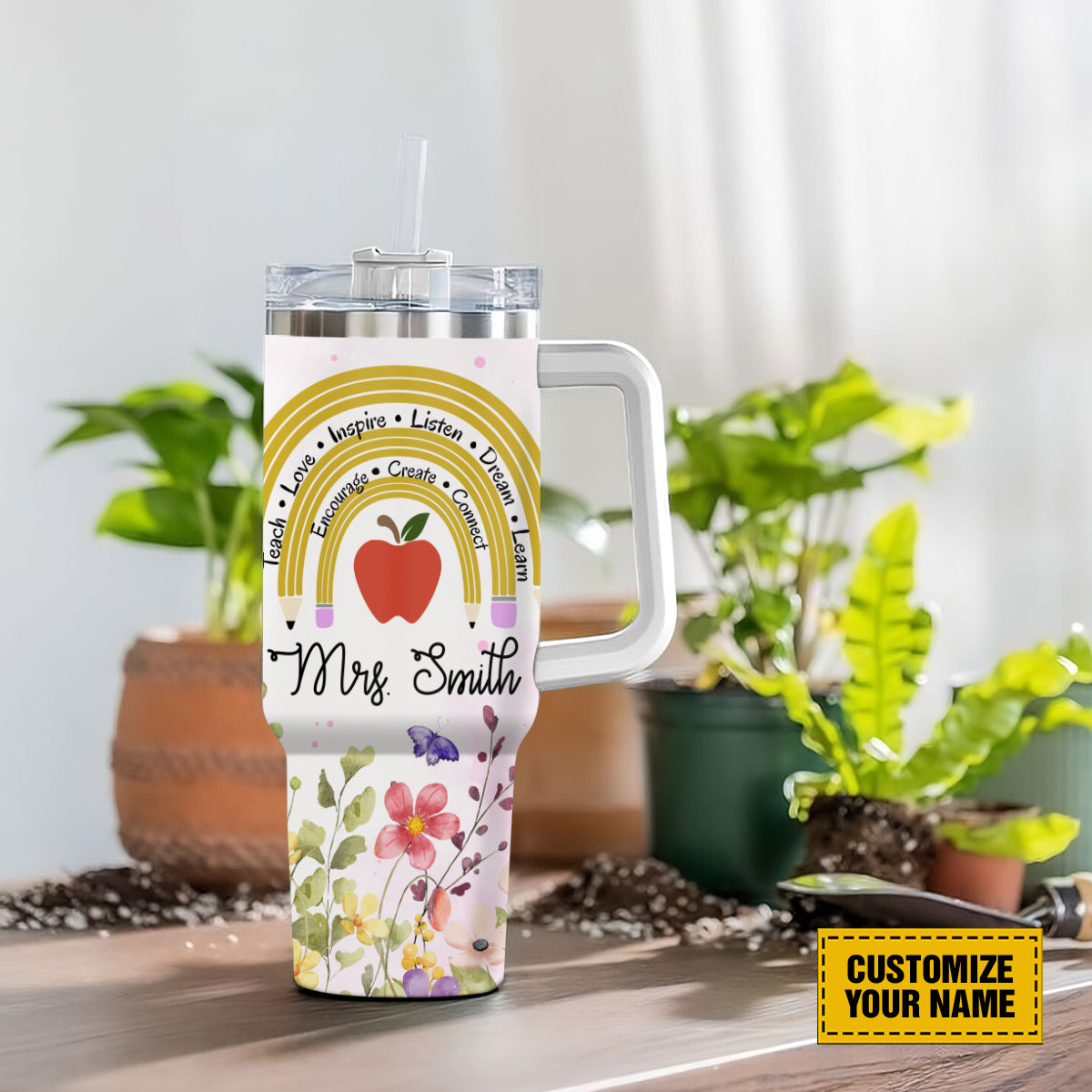 Teesdily | Teacher Rainbow Customized 40oz Tumbler, Thank You For Helping Me Grow Insulated Tumbler, Teacher Floral Water Tumbler, Teacher Custom Gift