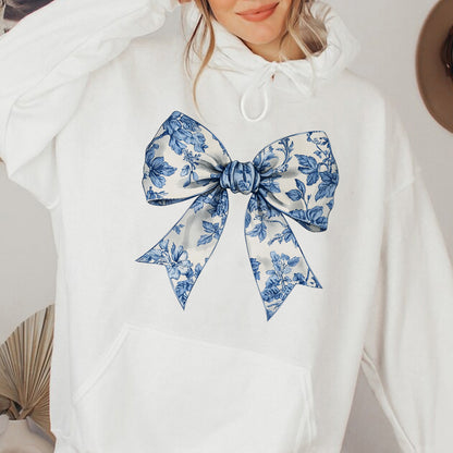 Teesdily | Toile De Jouy Coquette Bow Shirt, Blue Ribbon Sweatshirt, Toile Blue Bow Hoodie Mug, Girly Aesthetic Gift For Mom Sister