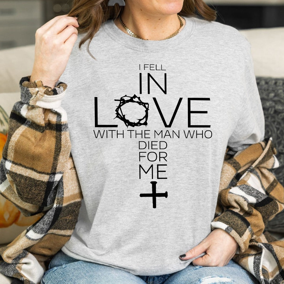 Teesdily | Jesus Cross Shirt, I Fell In Love With The Man Who Died For Me Tee Sweatshirt Hoodie Mug, Jesus Lovers Gifts, Christian Tee