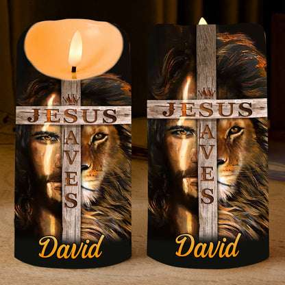 Teesdily | Customized Jesus Lion Of Judah Led Candle, Jesus Saves Flameless Candle, Christmas Jesus Gift, Christian Xmas Gift