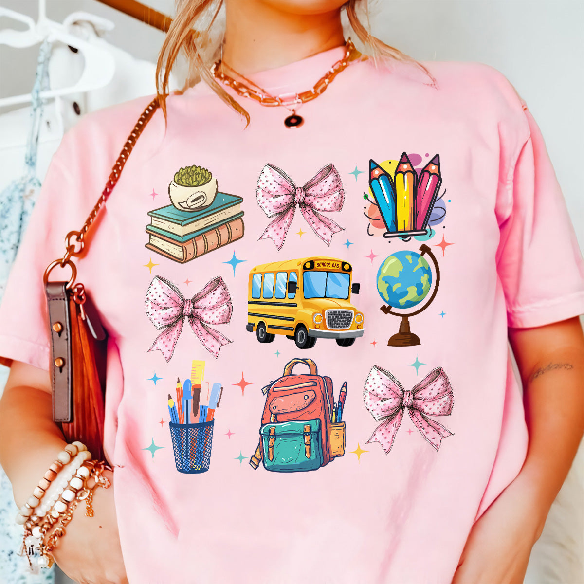 Teesdily | Coquette School Shirt, Back To School Shirts, Teacher Coquette Pink Bow Sweatshirt Hoodie Mug, First Day Of School, Teacher Appreciation