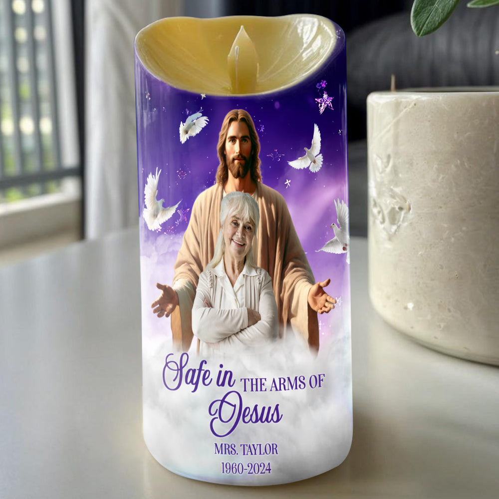 Teesdily | Customized Memorial Jesus Christ Led Candle, Safe In The Arms Of Jesus Flameless Candle Christmas Gift, Keepsake Gift