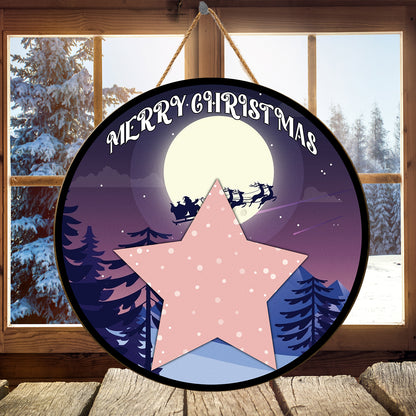 Teesdily | Customized Photo Dog Christmas Mountain Wood Sign Christmas Home Decor Gift For Dog's Lovers Christmas Vacation Front Door Welcome