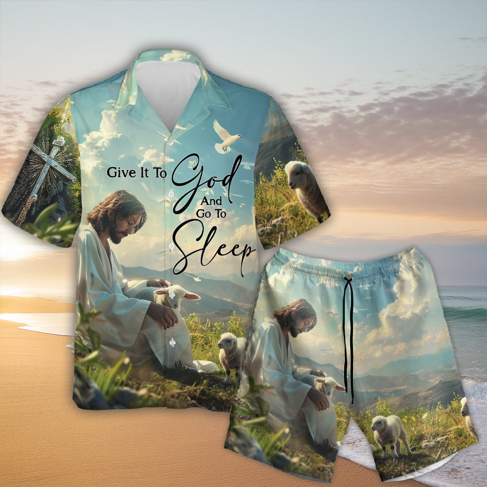 Teesdily | Jesus With Lambs Hawaiian Shirt, Give It To God And Go To Sleep Hawaii Set, Christian Art Bird Hawaii Outfit Summer, Beach Aloha Gift Men