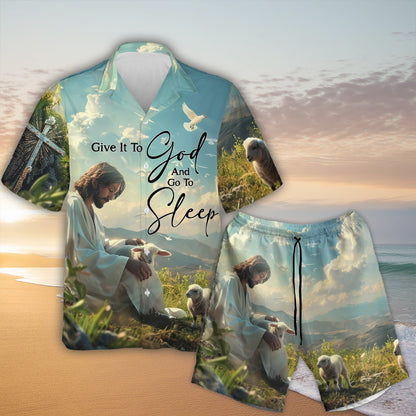 Teesdily | Jesus With Lambs Hawaiian Shirt, Give It To God And Go To Sleep Hawaii Set, Christian Art Bird Hawaii Outfit Summer, Beach Aloha Gift Men