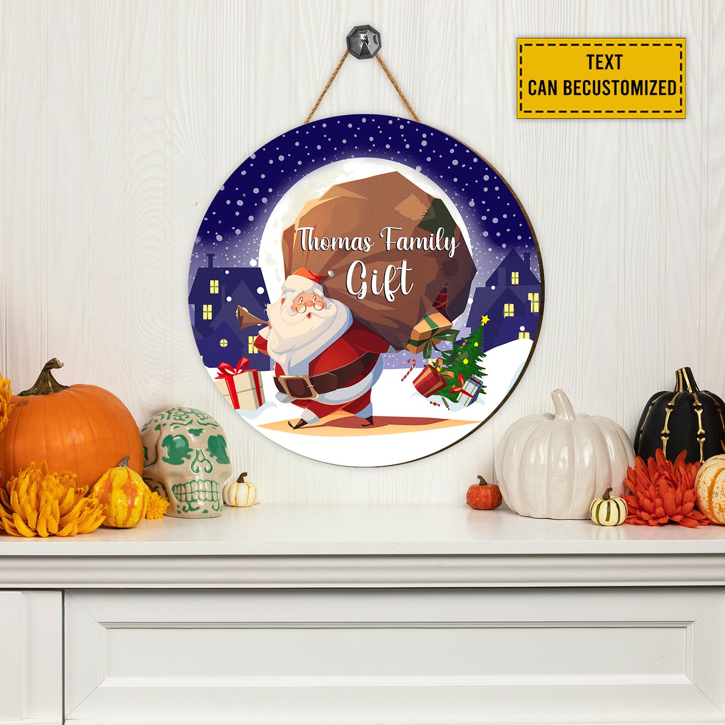 Teesdily | Customized Santa Claus Round Wood Sign Merry Christmas Home Decoration Wood Sign Christmas Gift Front Door Welcome Personalized Gift