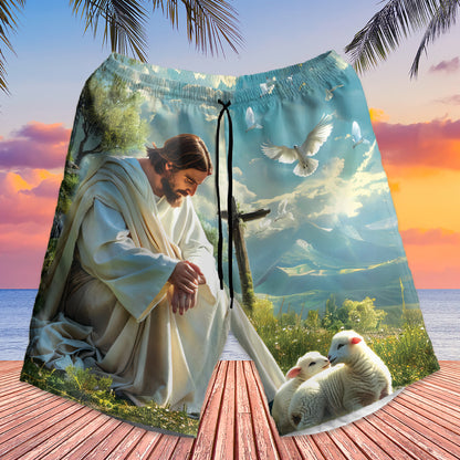 Teesdily | Customized Jesus And Lambs Hawaiian Shirt, God Is Good All The Time Hawaii Shirt, Lamb Of God Summer Aloha Set, Christ Religious Gifts