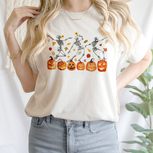 Teesdily | Halloween Dancing Skeleton Shirt, Skeleton Dancing Pumpkin Sweatshirt Hoodie Mug, Spooky Season Tee, Holiday Party Shirt, Halloween Gift