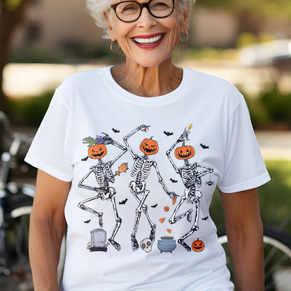 Teesdily | Dancing Skeleton Pumpkin Shirt, Retro Halloween Spooky Season Sweatshirt Hoodie Mug, Halloween Pumpkin Face T-shirt, Halloween Shirt Gift