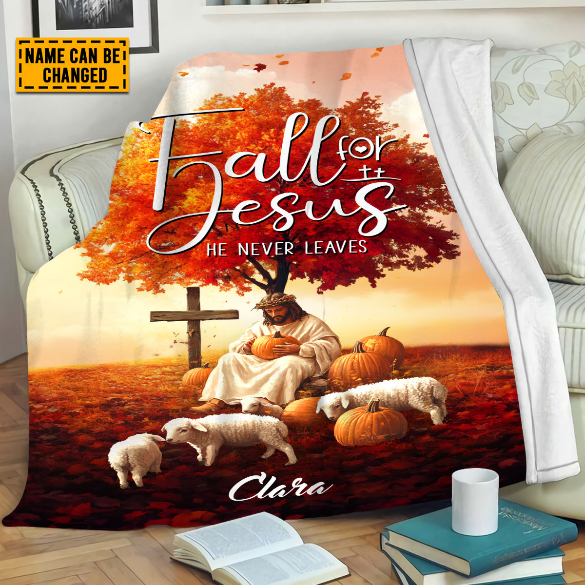 Teesdily | Customized Jesus Lamb Pumpkin Thanksgiving Blanket, Fall For Jesus He Never Leaves Throw Blanket, Jesus Lovers Gifts