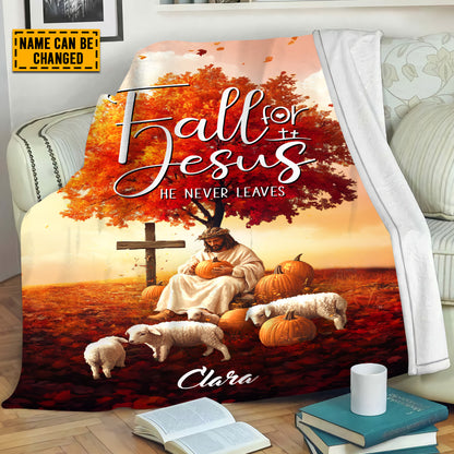 Teesdily | Customized Jesus Lamb Pumpkin Thanksgiving Blanket, Fall For Jesus He Never Leaves Throw Blanket, Jesus Lovers Gifts