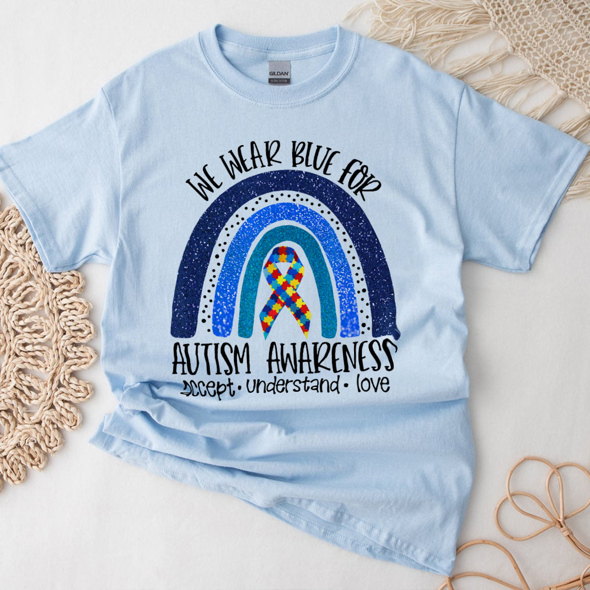 Teesdily | Autism Mom Mother's Day Shirt, We Wear Blue For Autism Shirt, Puzzle Rainbow Tee, Autistic Gifts Unisex Tshirt Hoodie Sweatshirt Mug