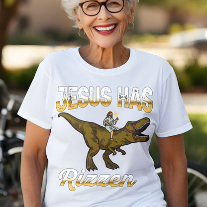 Teesdily | Jesus Dinosaur Shirt, Jesus Has Rizzen Tee Sweatshirt Hoodie Mug, Religious Faith Apparel, Christian Tee, Gift For Jesus Lovers