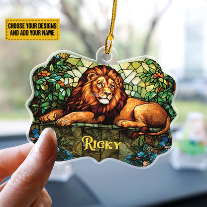 Teesdily | Personalized  Jesus Lion Of Judah Stained Glass Art Acrylic Ornament, Jesus Lion Car Hanging Ornament, Jesus Lovers Gift, Christmas Jesus Ornament