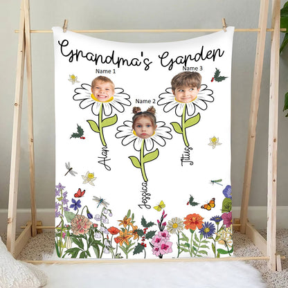 Teesdily | Grandmas Garden Personalized Fleece Blanket With Pictures Happy Mother's Day Cozy Blanket Cusomized Gift For Grandmom Gardening Lovers