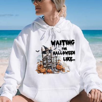 Teesdily | Funny Halloween Skeleton T-shirt, Skeleton Waiting For Halloween Like Sweatshirt Hoodie Mug, Skeleton Pumpkin Shirt, Halloween Party Gift