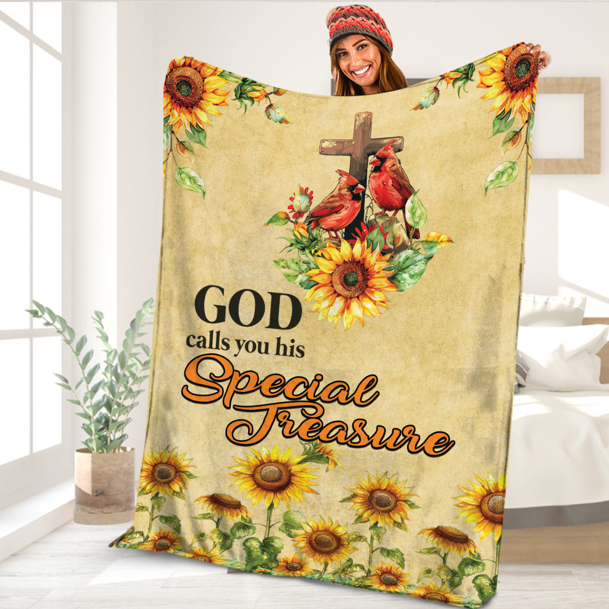 Teesdily | God Calls You His Special Treasure Fleece Blanket, Cardinal Sunflower Jesus Throw Blanket, Christ Faith Religious Gift