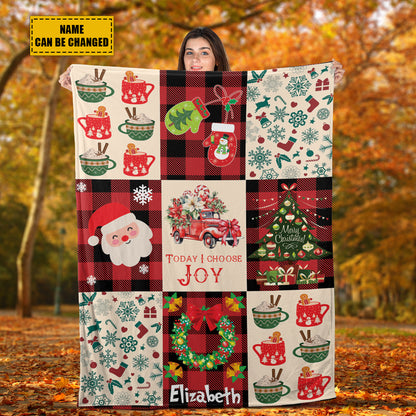 Teesdily | Christmas Pattern Personalized Fleece Blanket Christmas Theme Vintage Sherpa Blanket Today I Choose Joy Xmas Holiday Warm Blanket Gifts