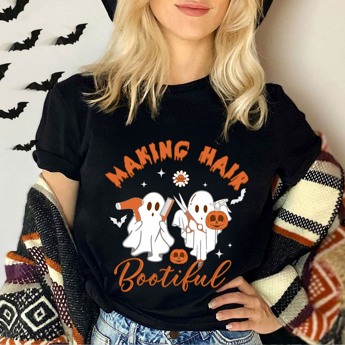 Teesdily | Hairstylist Halloween T-shirt, Making Hair Bootiful Cute Ghost Tee Sweatshirt Hoodie Mug, Halloween Hairdresser Gift, Cute Spooky Gifts