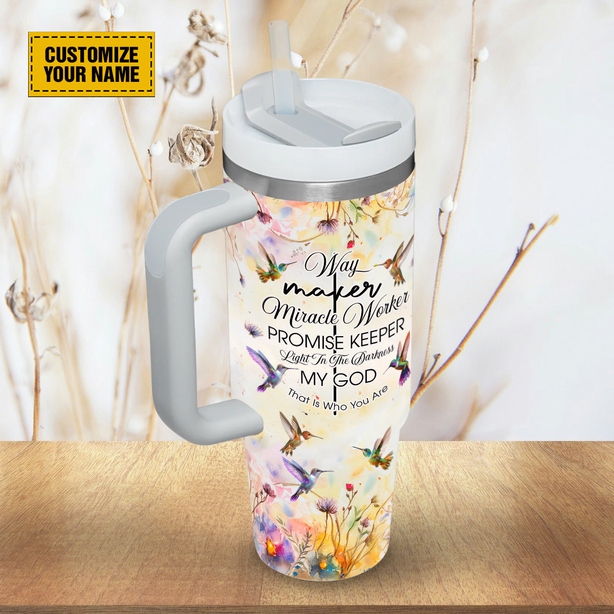 Teesdily | Hummingbird Floral Personalized Tumbler, Way Maker Miracle Worker Tumbler Cups, Religious Gifts For Women, God Tumbler With Lid And Straw