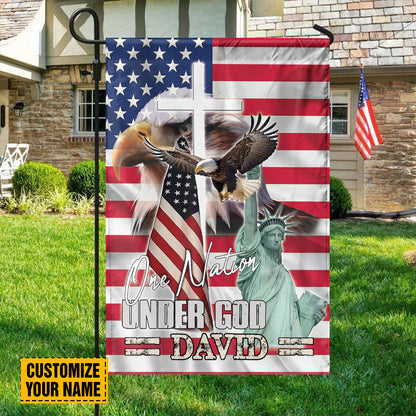 Teesdily | Customized American Eagle Garden Flag, Statue Of Liberty Jesus Cross House Flag, One Nation Under God Outdoor Flag, Independence Day Gifts