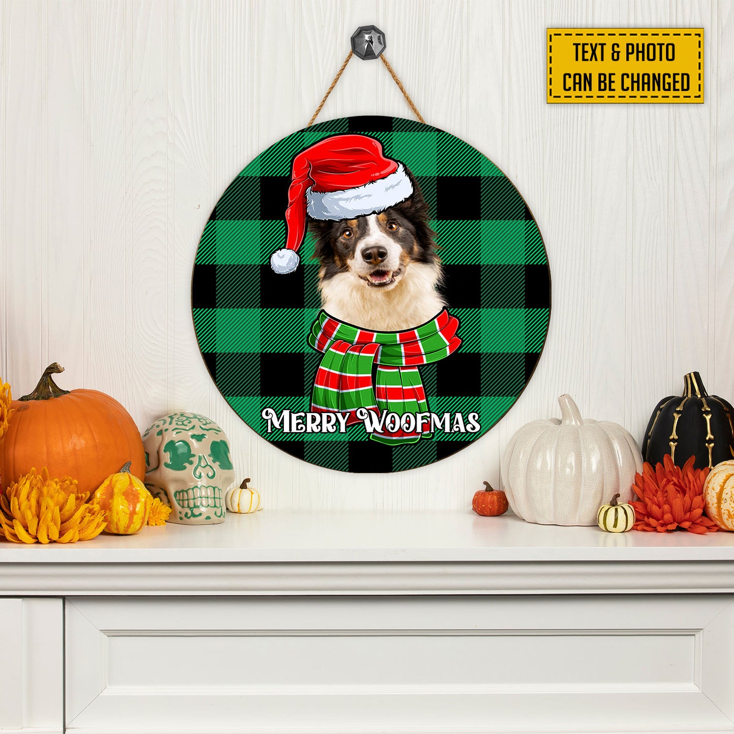 Teesdily | Customized Border Collie Dog Christmas Santa Round Wood Sign Merry Woofmas Wood Door Hanger Pet Owner Christmas Door Hanging