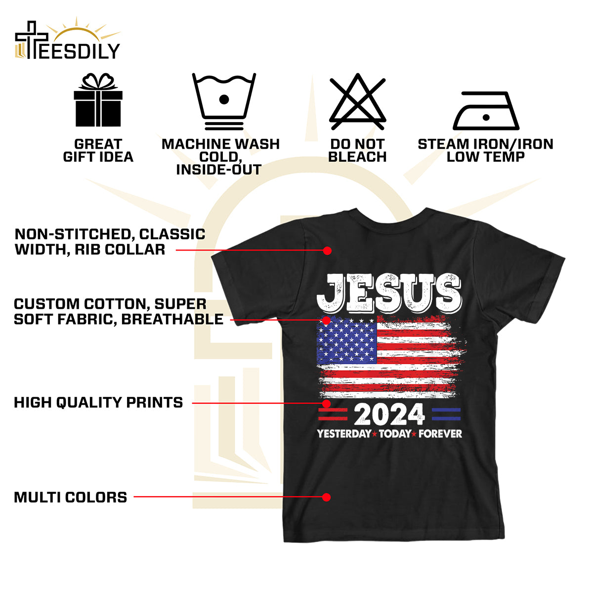 Teesdily | Jesus American Flag Shirt, Jesus 2024 Yesterday Today Forever Tee Sweatshirt Hoodie Mug, Christian American Patriotism Gifts