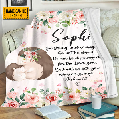 Teesdily | Hedgehog Mom Kid Personalized Fleece Blanket, God Verse Baby Blanket Gift, Baby Toddler Blanket, Floral Nursery Decor, Baby Shower Gifts