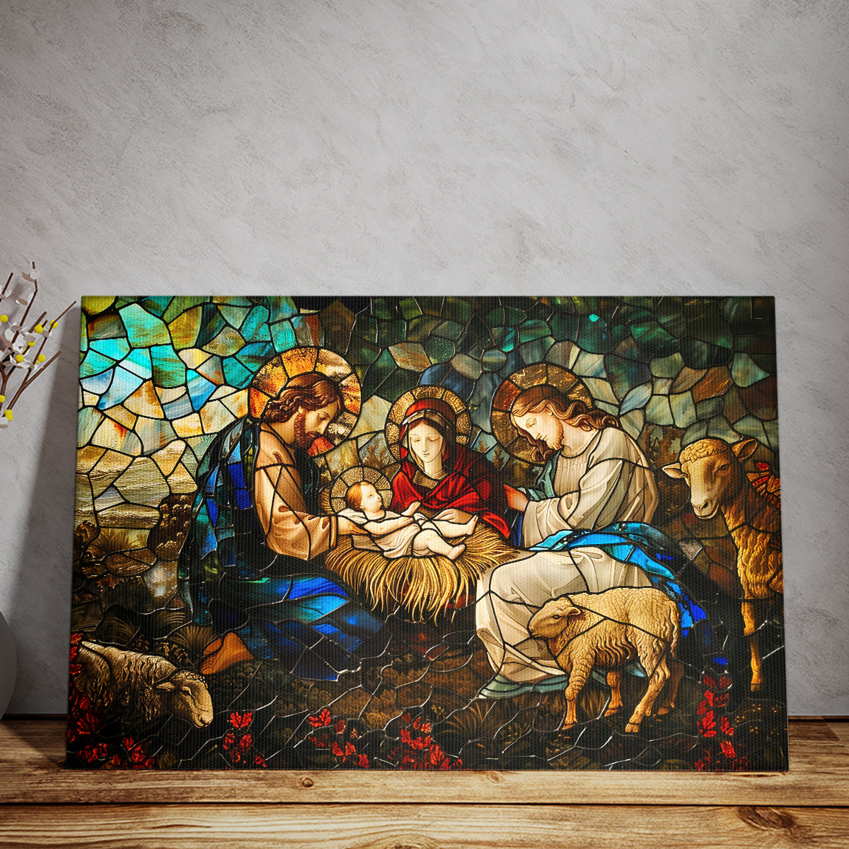 Teesdily | Jesus Nativity Christian Art Poster, Christmas Nativity Jesus Stained Glass Printed Poster, Catholic Art Canvas Wall Decor, God Lover Gift