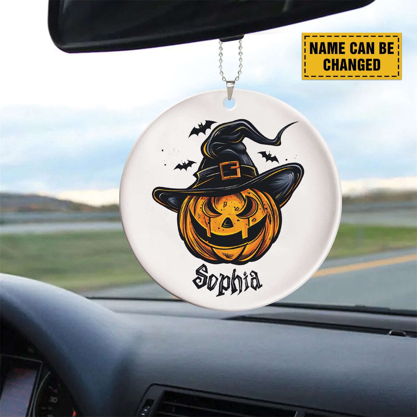 Teesdily | Customized Halloween Pumpkin Witch Hat Ornament, Pumpkin Ornaments Car Hanger Rear View Mirror, Fall Spooky Decorations, Halloween Gift