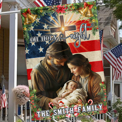 Teesdily | Customized Nativity Of Jesus Holy Family American Flag House, Oh Holy Night Christmas Garden Flag Decoration Yard