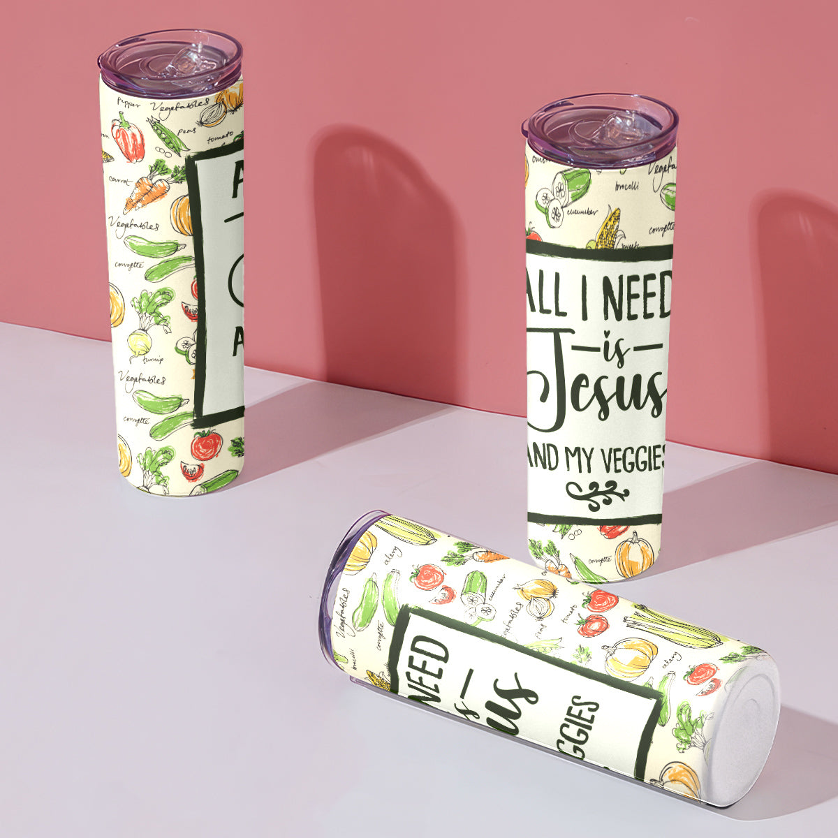 Teesdily | Christian Vegetarian Skinny Tumbler, All I Need Is Jesus And My Veggies Insulated Tumbler 20oz, Cute Vegetables Pattern Water Tumbler Gifts