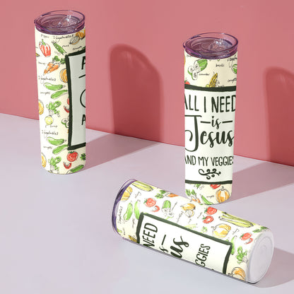 Teesdily | Christian Vegetarian Skinny Tumbler, All I Need Is Jesus And My Veggies Insulated Tumbler 20oz, Cute Vegetables Pattern Water Tumbler Gifts