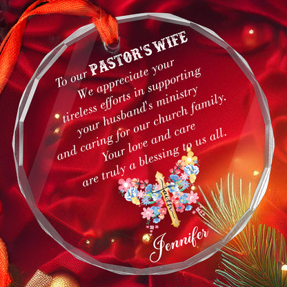 Teesdily | Customized Pastor's Wife Jesus Cross Glass Ornament, We Appreciate Your Tireless Efforts Christmas Ornament, Jesus Gift