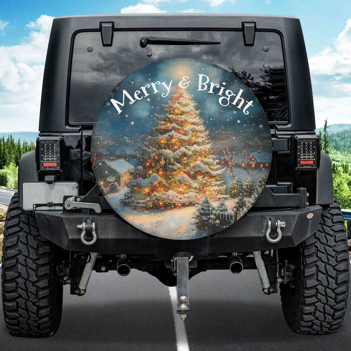 Teesdily | Christmas Tree Car Spare Tire Cover, Merry And Bright Car Wheel Cover Family Christmas Gift, Holiday Winter Tis The Season, Car Decoration