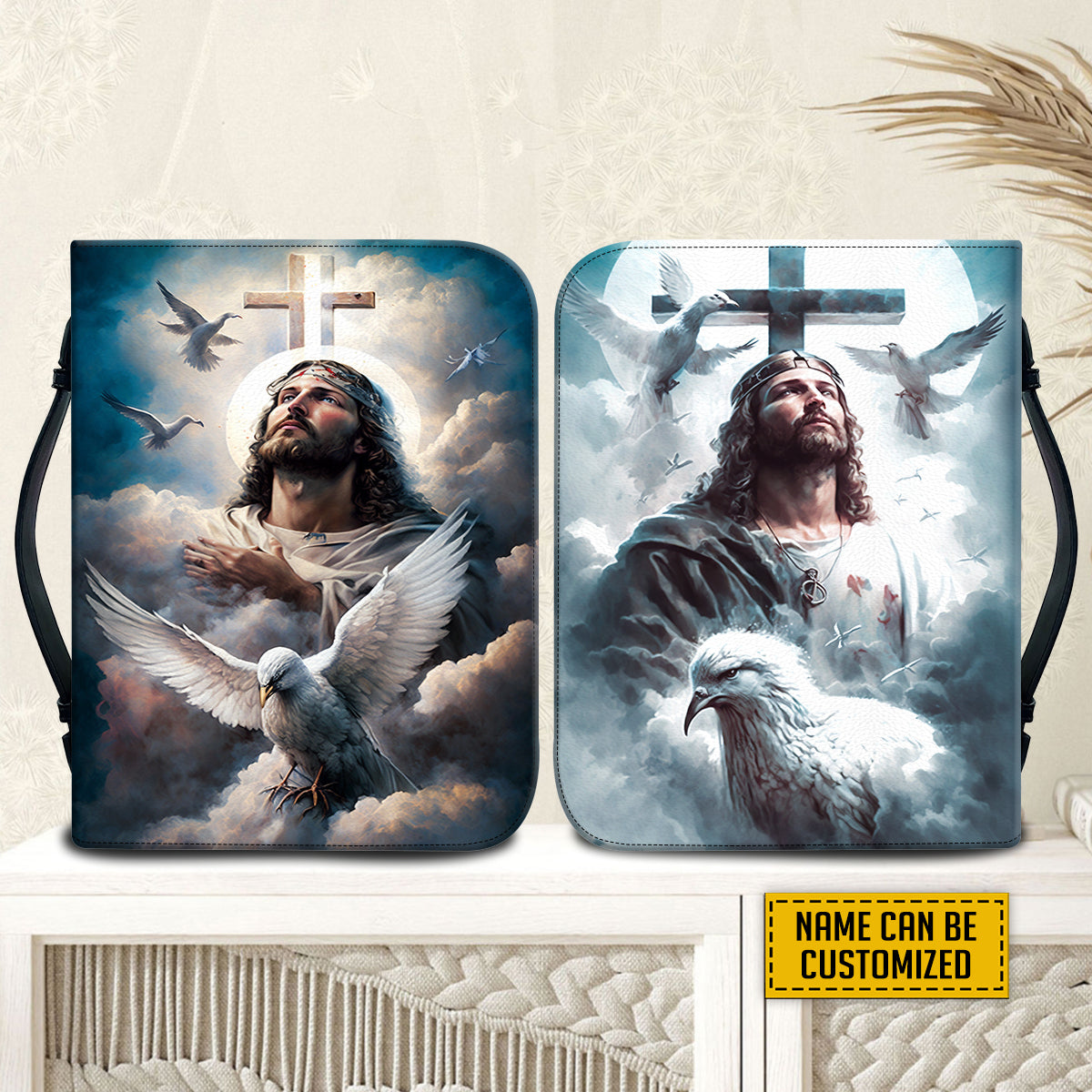 Teesdily | Customized Jesus Praying Doves Bible Holder Jesus Heaven Personalized Bible Case Religious Gift For God Believers