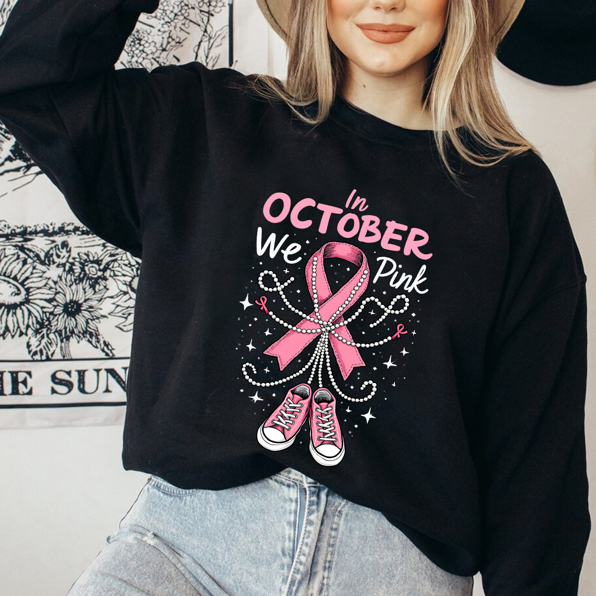 Teesdily | In October We Wear Pink Shirt, Pink Ribbon Shoe Sweatshirt, Breast Cancer Awareness Hoodie Mug, Support Warrior Halloween Gifts