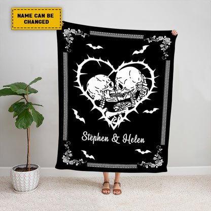 Teesdily | Personalized Skeleton Couple Blanket Together Forever Fleece Blanket Halloween Goth Couple Halloween Gift Personalized Skull Gothic