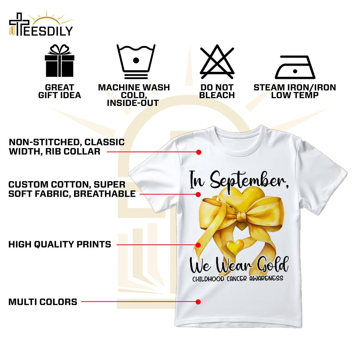 Teesdily | In September We Wear Gold Shirt, Cancer Coquette Bow Gold Sweatshirt, Childhood Cancer Awareness Hoodie Mug Survivor