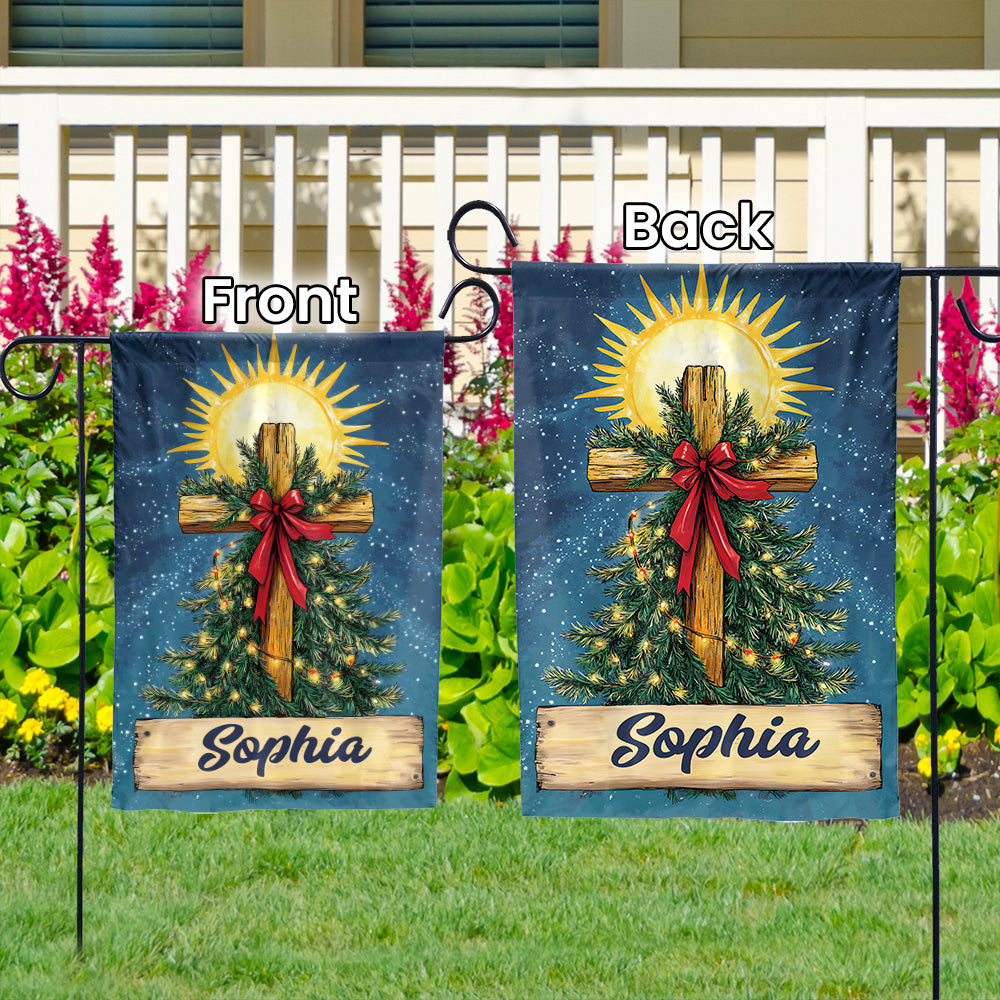 Teesdily | Customized Jesus Christmas Tree Flag, Christ Cross Light Garden Flag, Christmas Bow Religious House Flag Yard Decor