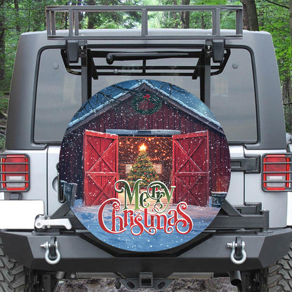 Teesdily | Red Barn Christmas Car Spare Tire Cover, Christmas Tree Light Farmhouse Tire Protector, Farm Country Truck Wheel Cover, Christmas Gift