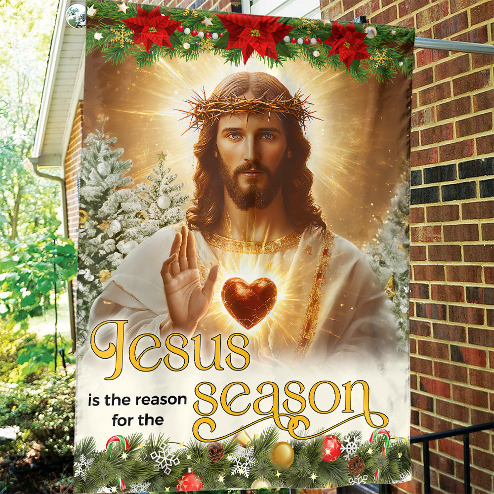 Teesdily | Jesus Christ Scared Heart Christmas Flag, Jesus Is The Reason For The Season House Flag, Xmas Tree Flag Decor Garden