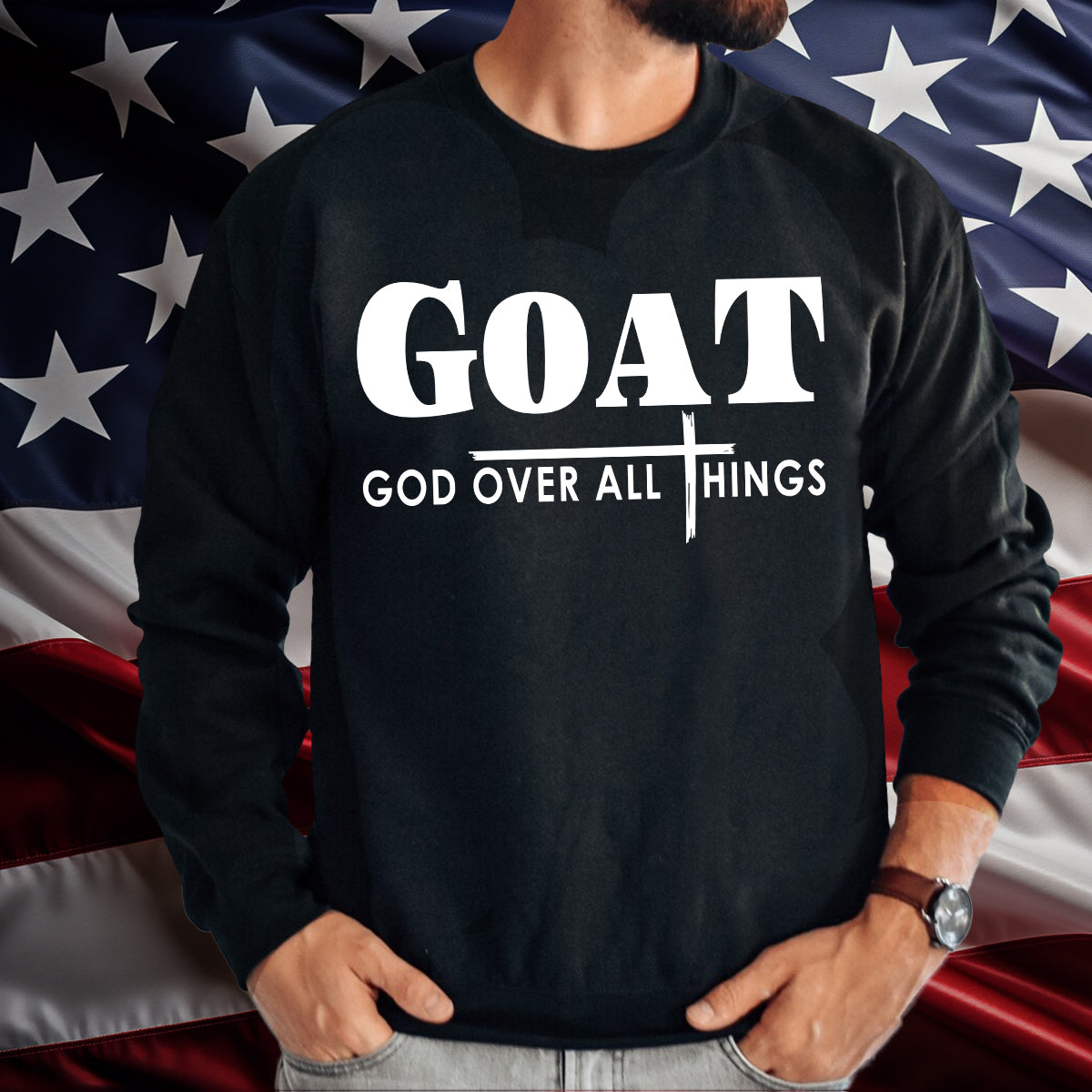 Teesdily | God Cross Shirt, Goat God Over All Things Tee Sweatshirt Hoodie Mug, Jesus Cross Lovers Shirt, Christian Apparel Gifts