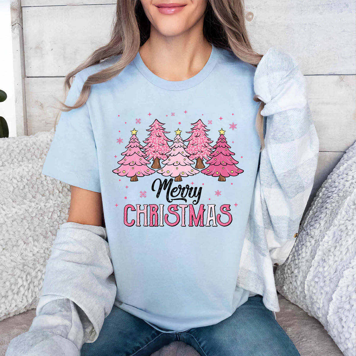 Teesdily | Merry Christmas Shirt, Pink Christmas Tree Sweatshirt, Christmas Vibes Sweater, Holiday Season Hoodie Mug Gift Mom