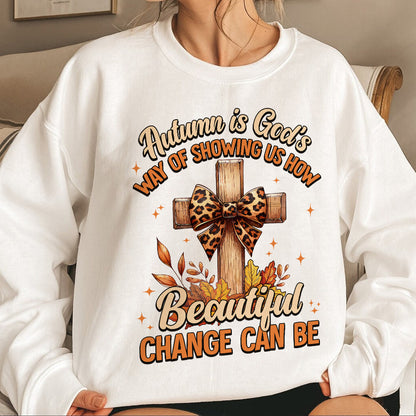 Teesdily | Jesus Cross Coquette Bow Thanksgiving Shirt, Autumn Is God's Way Tee Sweatshirt Hoodie Mug, Thanksgiving Jesus Gift