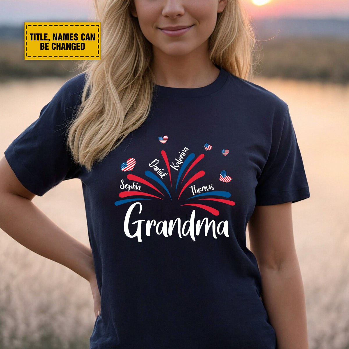 Teesdily | Customized Grandma American Flag Shirt, Fireworks Heart Mom Sweatshirt, Mama And Kids T-Shirt, Mom Papa Mug Cup, Independence Day Gifts