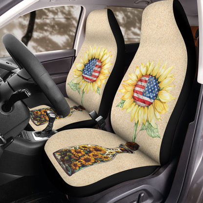 Teesdily | Sunflower Car Seat Cover, American Flag Front Vehicle Seat Cover, Sunflower Independence Day Seat Protector, 4th Of July Patriot Gift