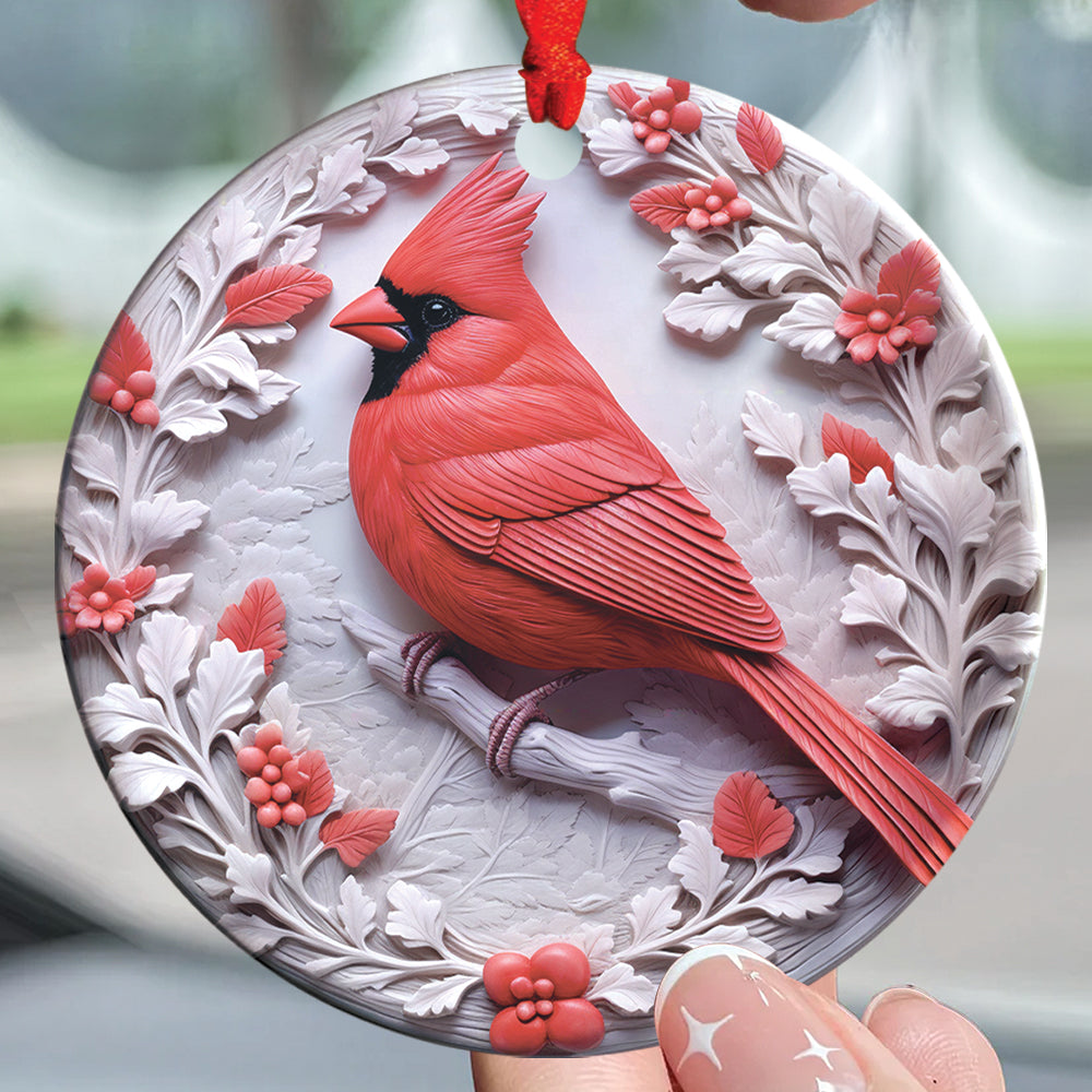 Teesdily | Christmas Cardinal Bird 2D Flat Ceramic Ornament, Couple Cardinal Bird Snowy Flower Christmas Gift, Xmas Ornament