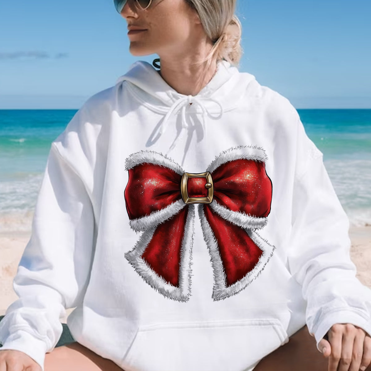 Teesdily | Santa Bow Shirt, Noel Santa Bow Sweatshirt, Coquette Christmas Tshirt, Merry Christmas Hoodie Mug, Christmas Coquette Bow Gift