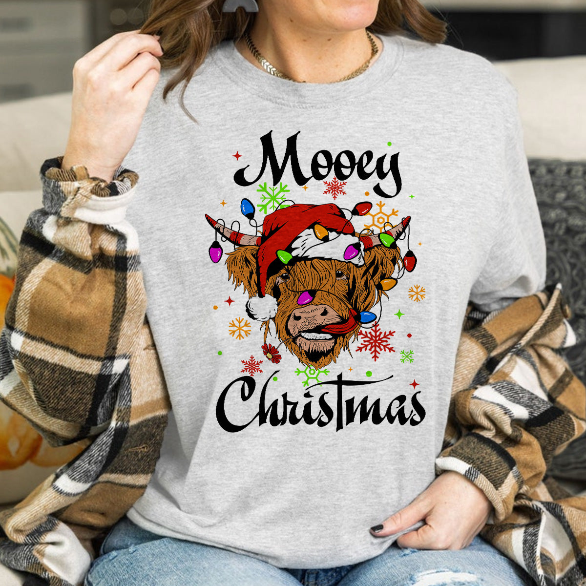 Teesdily | Highland Cow Christmas Shirt, Mooey Christmas Sweatshirt Hoodie Mug, Cow Santa Tee, Farm Christmas Cow Shirts